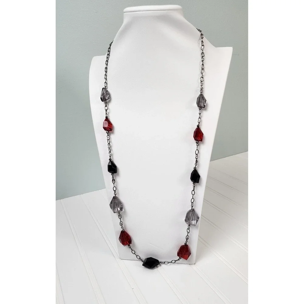 Long Beaded Necklace Red Black Gray Faceted Gemstone‎ Chain Costume Jewelry